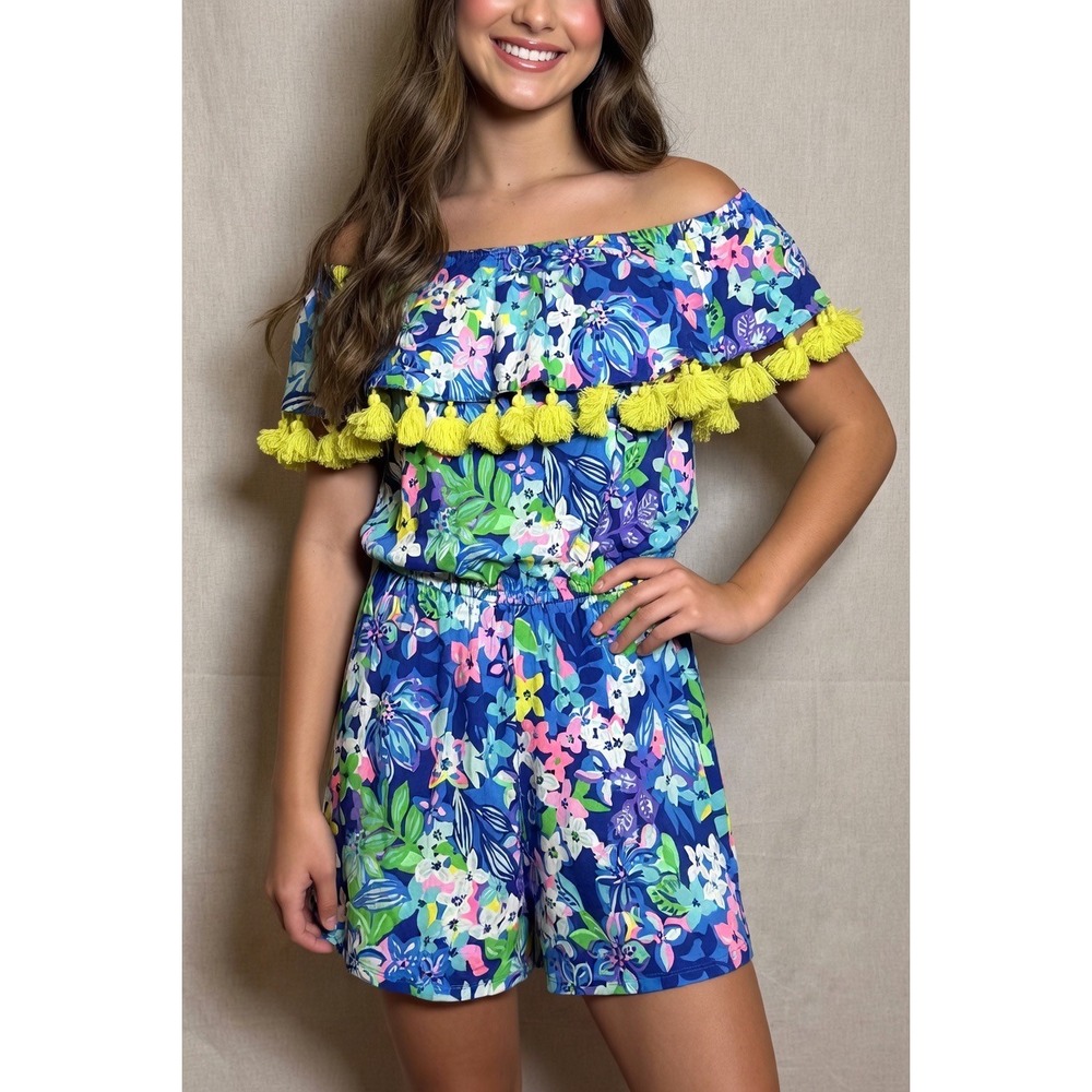 Lilly Pulitzer La Fortuna Romper Borealis‎ Blue Social Sunset Tassel Trim Sz XXS